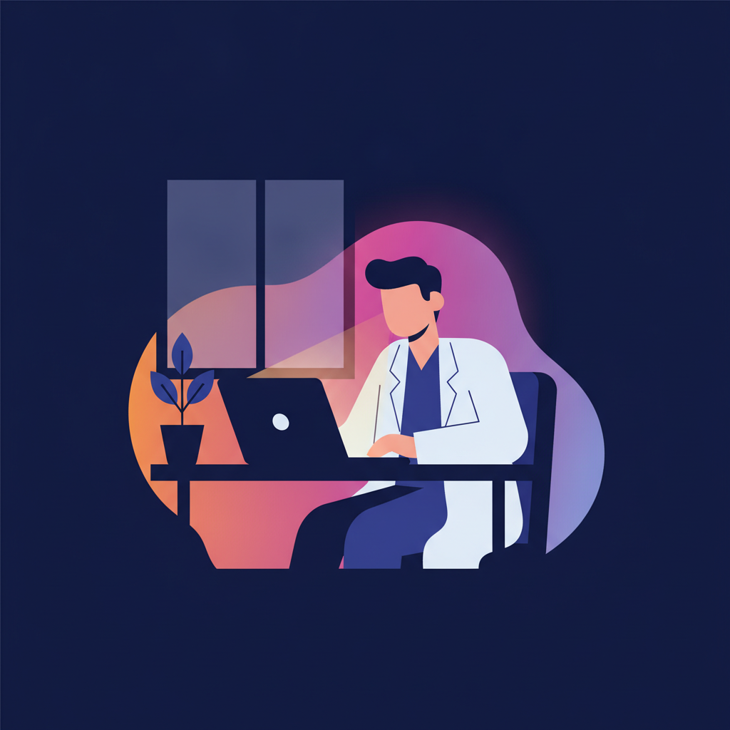 doctor reading laptop in bright clinic office