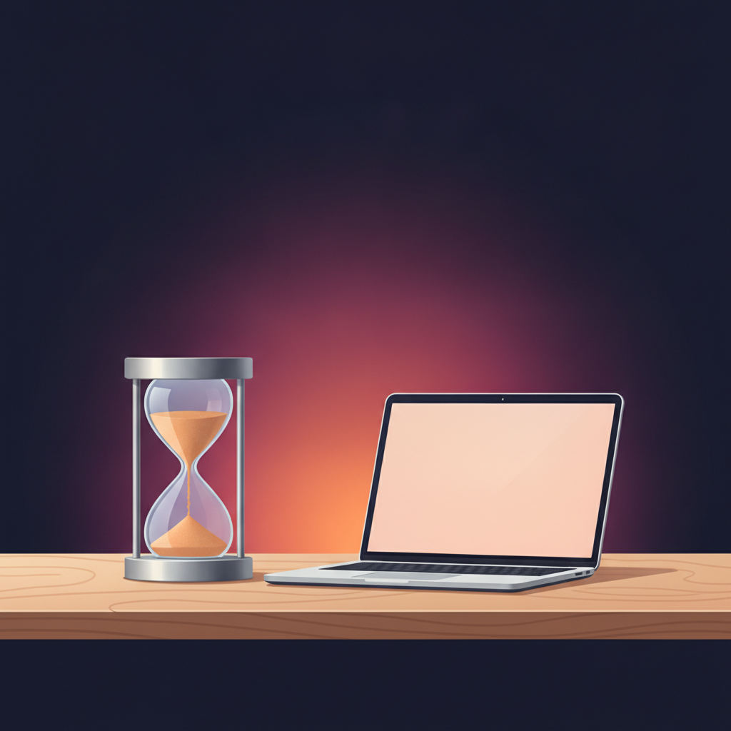 hourglass on wooden desk beside laptop