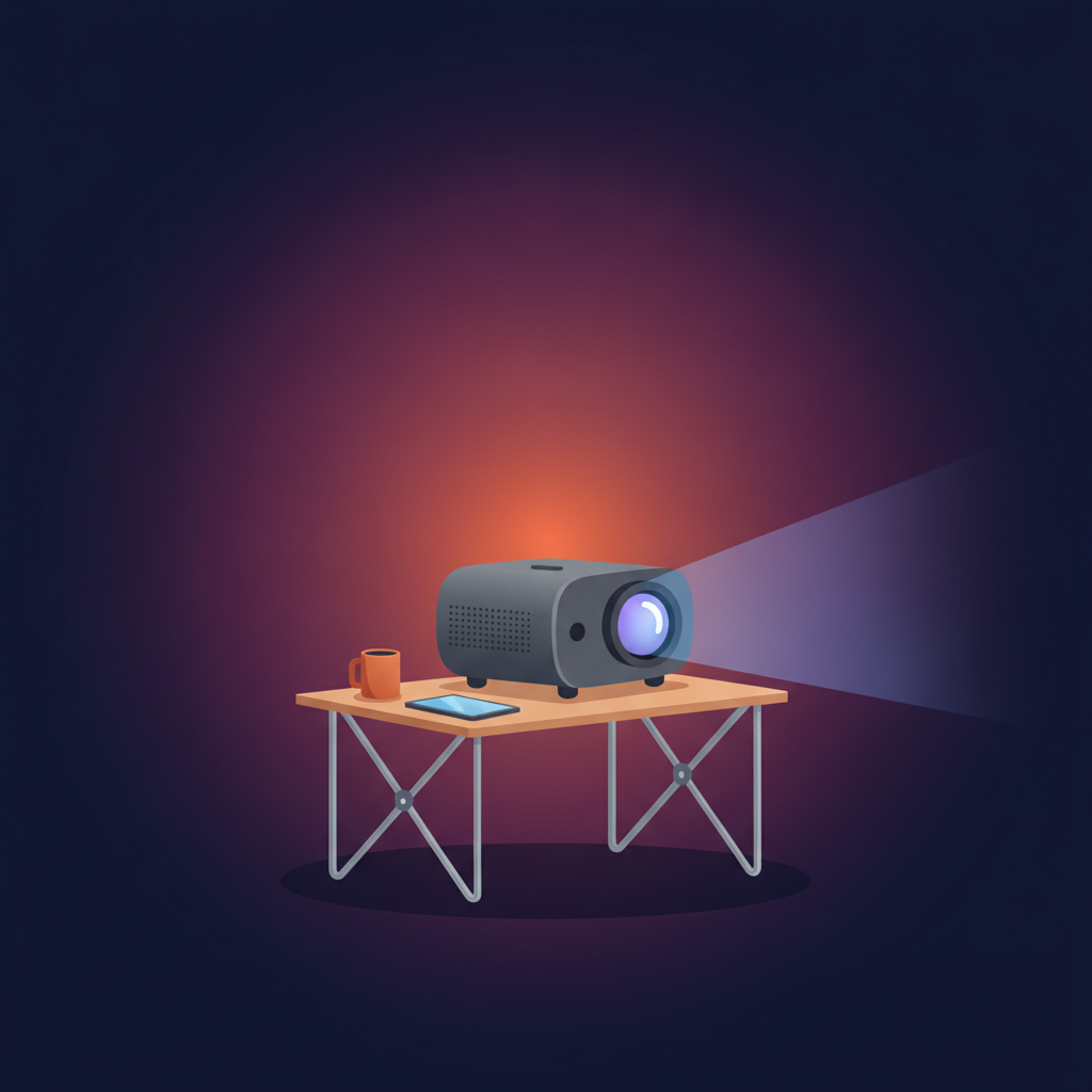 portable projector on camping table at night